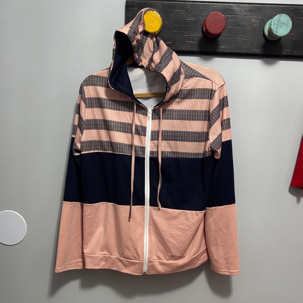 Women’s large Striped Pink/Blush and Navy zippered hoodie